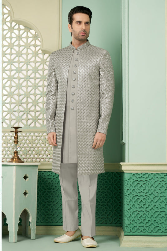 Banarasi Silk Grey Magnificent Readymade Nawabi Style Indo Western