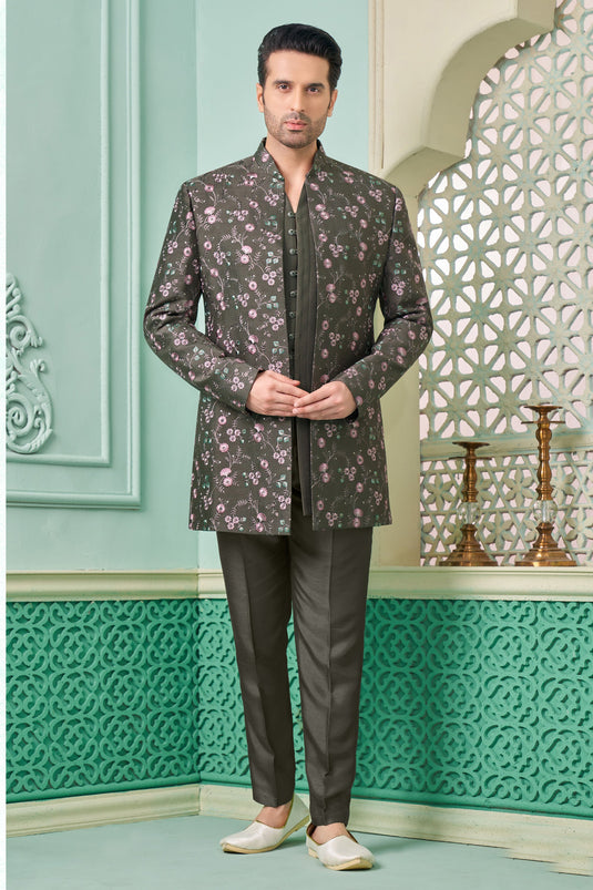 Dark Brown Color Banarasi Silk Fabric Designer Readymade Nawabi Style Indo Western