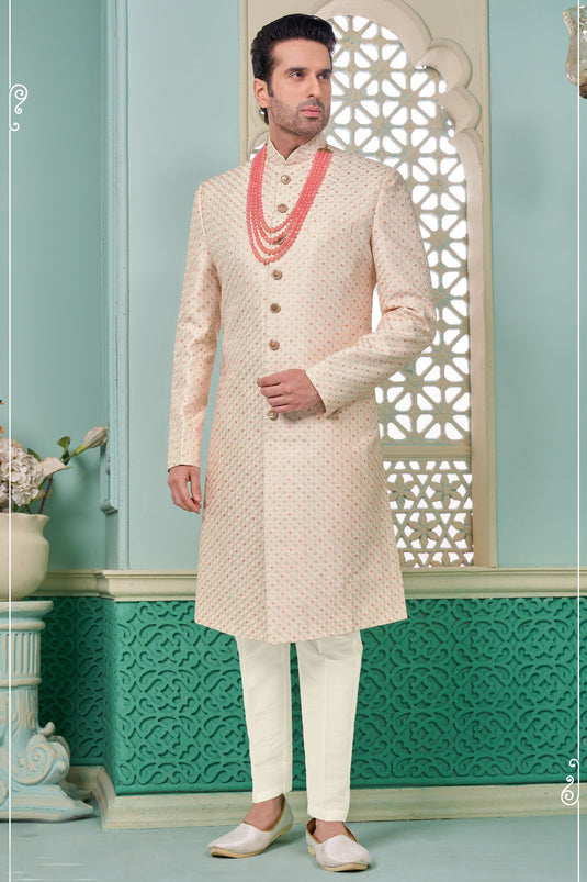 Pink Stunning Banarasi Silk Fabric Readymade Nawabi Men's Sherwani