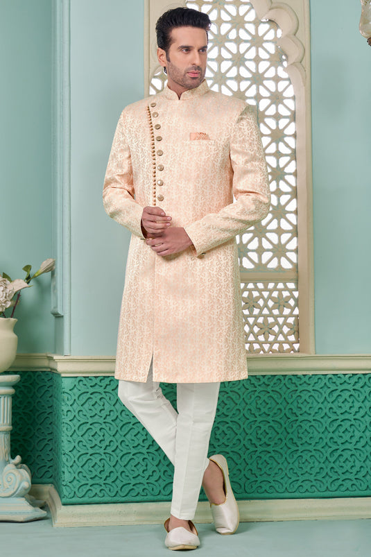 Peach Fancy Fabric Trendy Readymade Nawabi Men's Sherwani