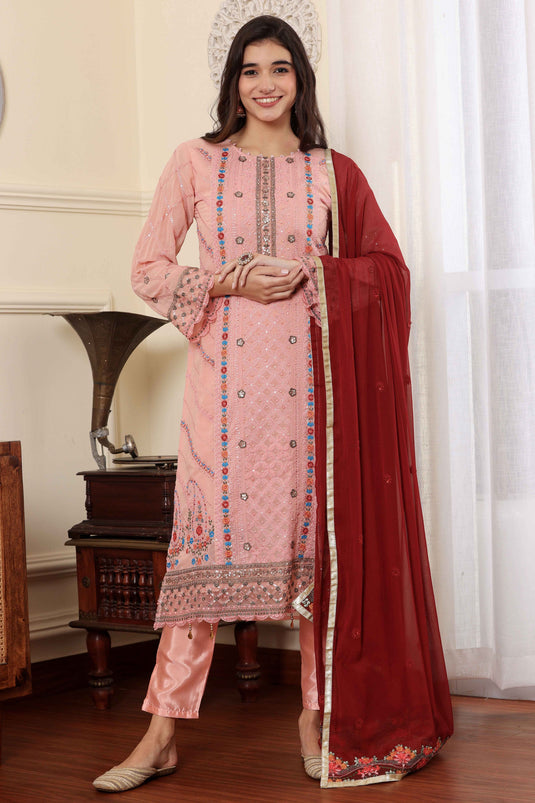 Peach Color Georgette Fabric Alluring Function Wear Salwar Suit