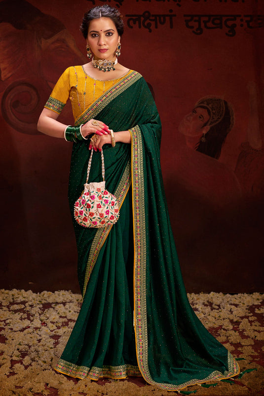 Embellished Green Color Border Work Fancy Fabric Saree