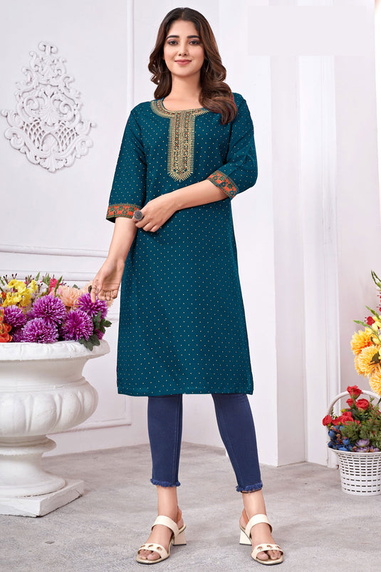 Bewitching Rayon Fabric Readymade Casual Kurti In Teal Color