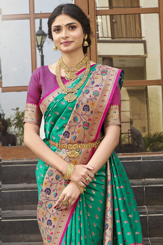 Kanchipuram Silk Fabric Green Color Gorgeous Look Meenakari Work Saree
