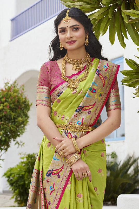 Stylish Meenakari Work Paithani Silk Green Color Saree For Function