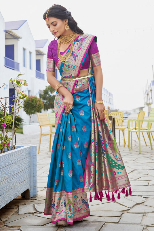 Contemporary Blue Color Paithani Silk Saree With Meenakari Work