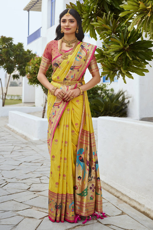 Vibrant Yellow Color Paithani Silk Meenakari Work Saree For Function