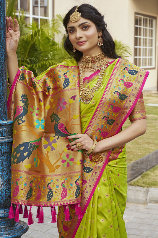 Fashionable Green Color Meenakari Work Paithani Silk Saree