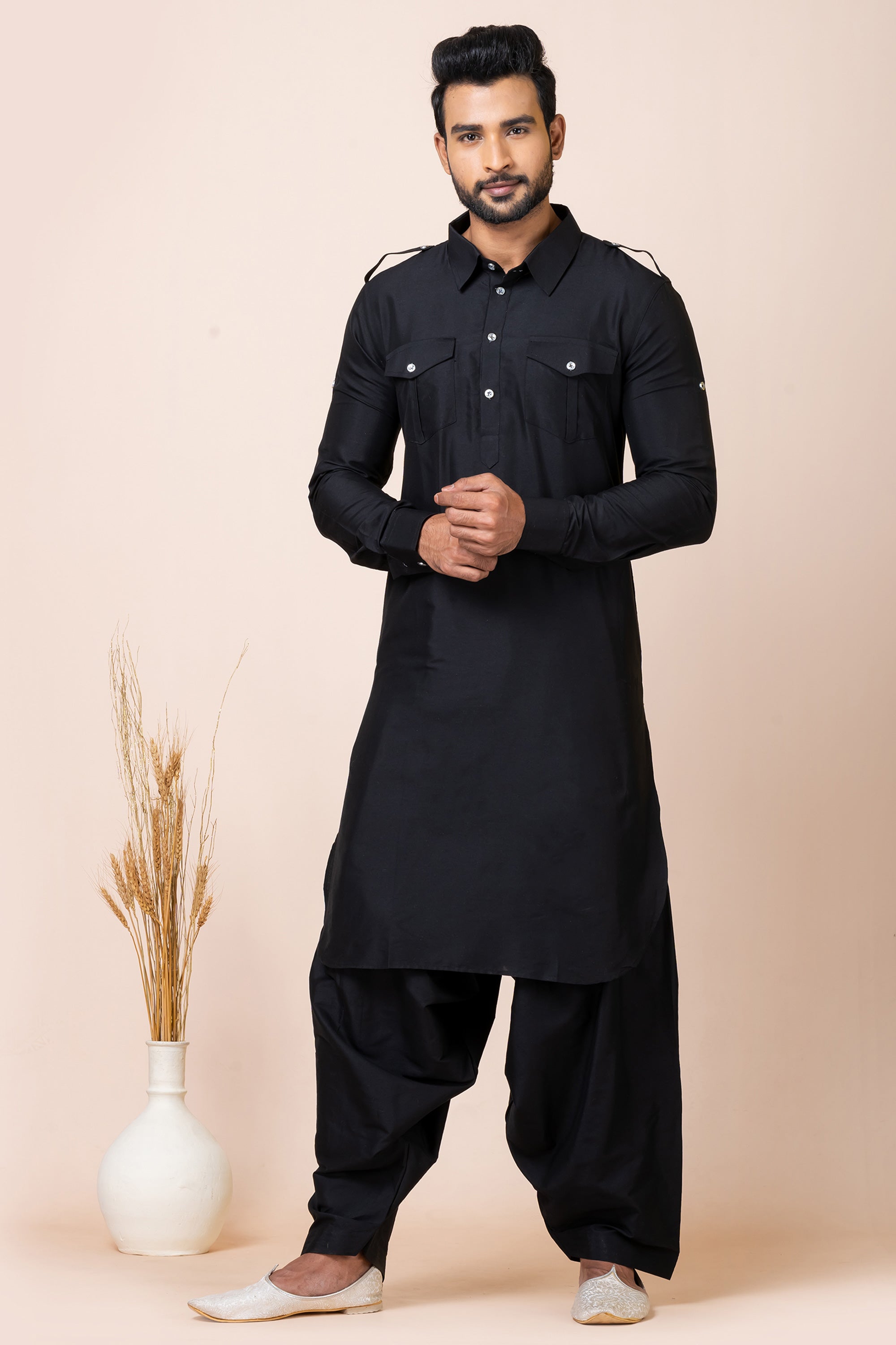 Stylish Viscose Fabric Black Color Pathani Kurta Pyjama Set For Functi
