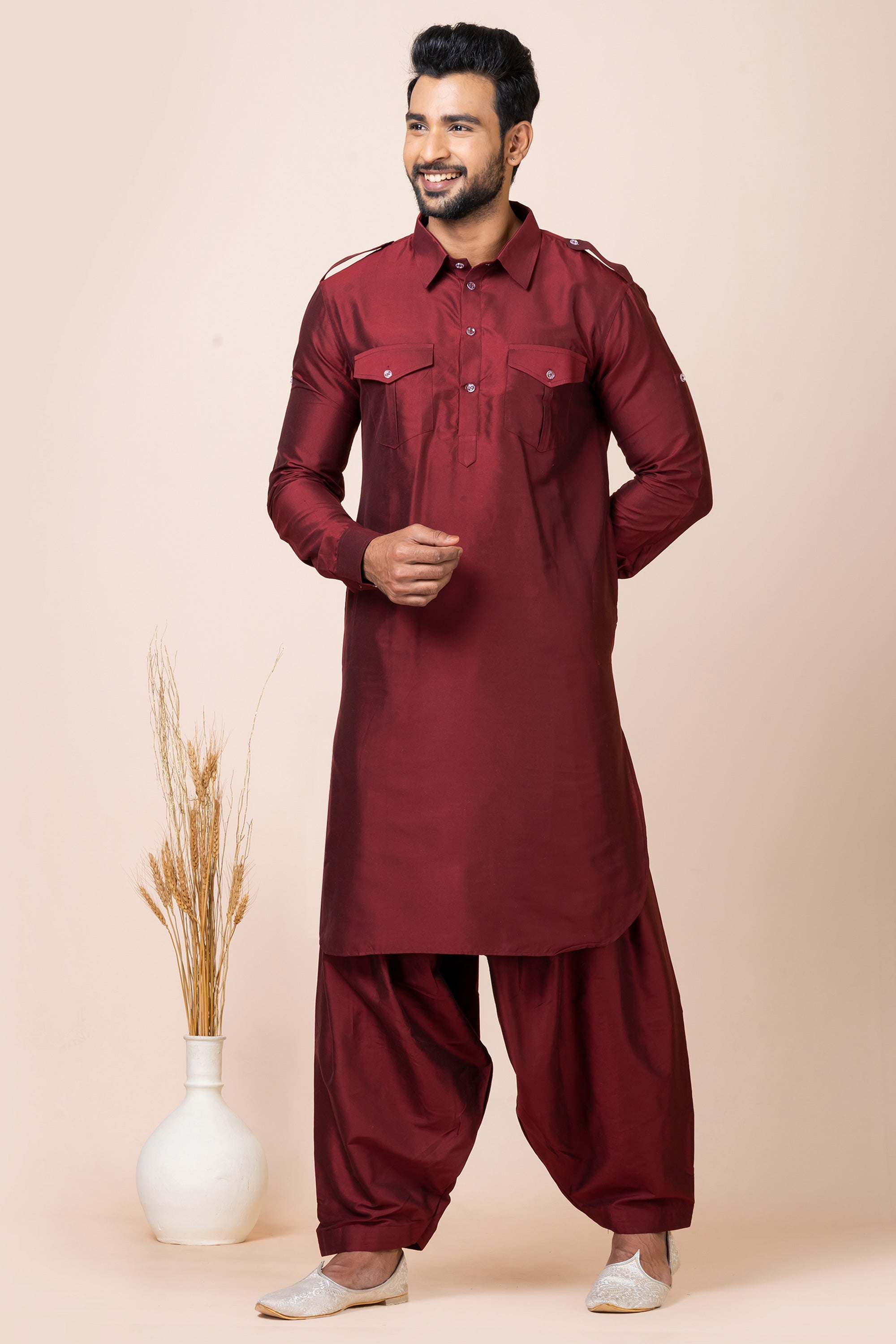 Kurta Pyjama Readymade Pathani Suit Contemporary Maroon Color