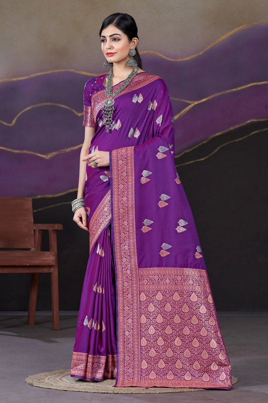 Appealing Weaving Work On Silk Fabric Saree In Purple Color