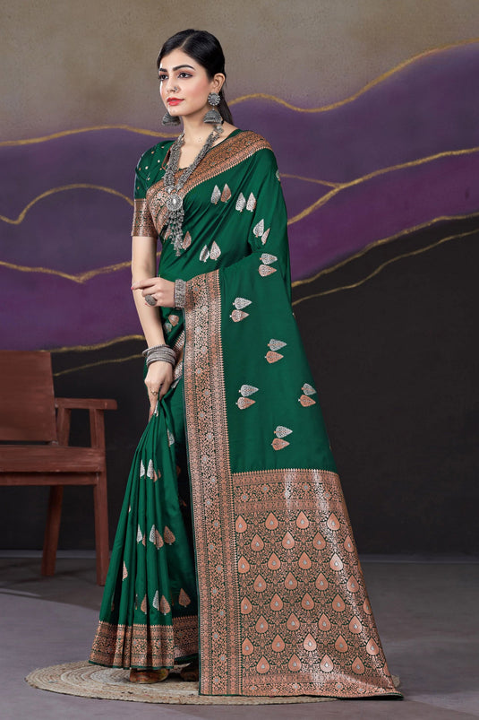 Weaving Work On Dark Green Color Aristocratic Silk Fabric Saree