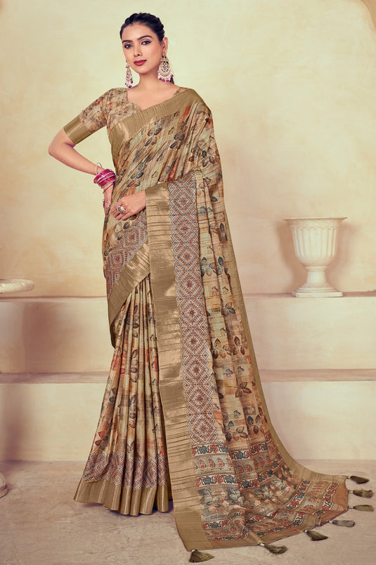 Printed On Beige Color Fashionable Saree In Dola Silk Fabric