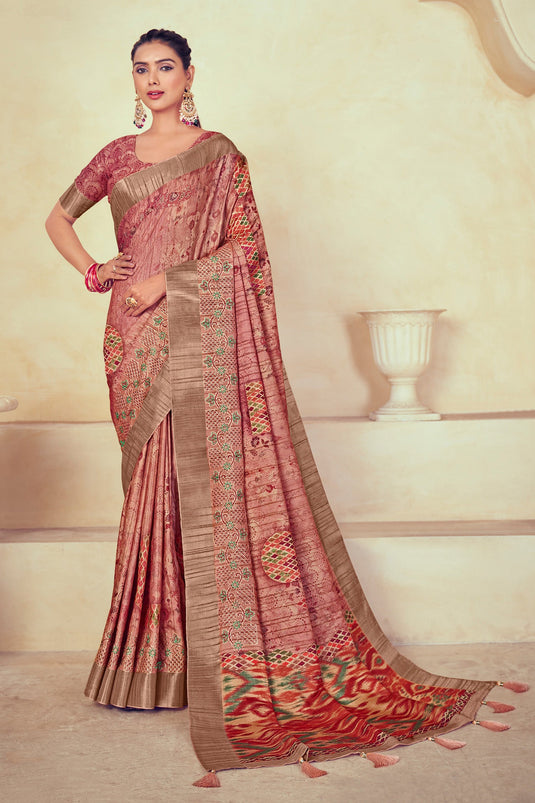 Dola Silk Function Wear Saree In Pink Color With Printed Blouse