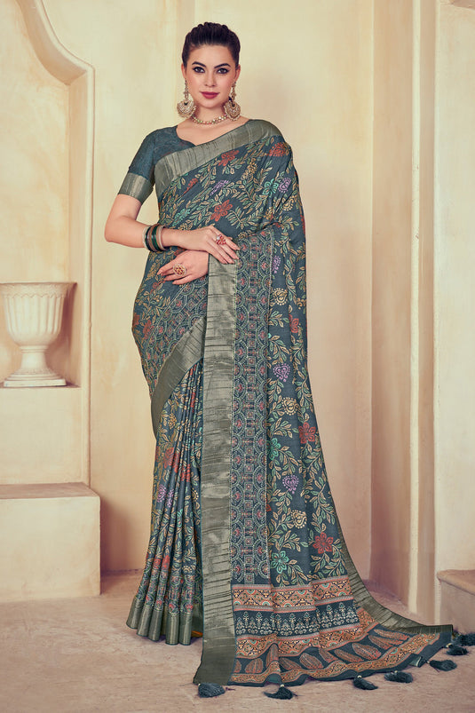 Teal Color Printed Daily Wear Dola Silk Saree With Blouse