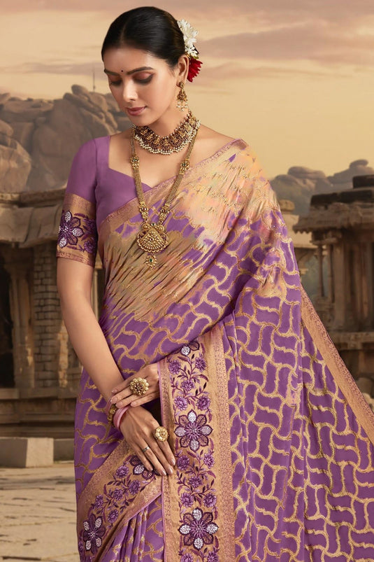 Charming Lavender Color Chiffon Fabric Saree With Border Work