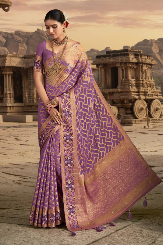 Charming Lavender Color Chiffon Fabric Saree With Border Work