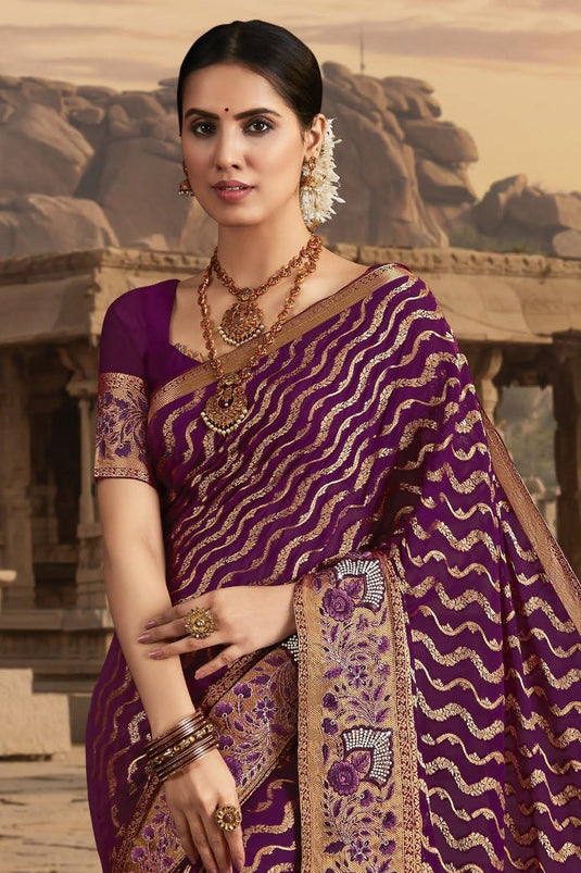 Beguiling Border Work On Purple Color Chiffon Fabric Saree