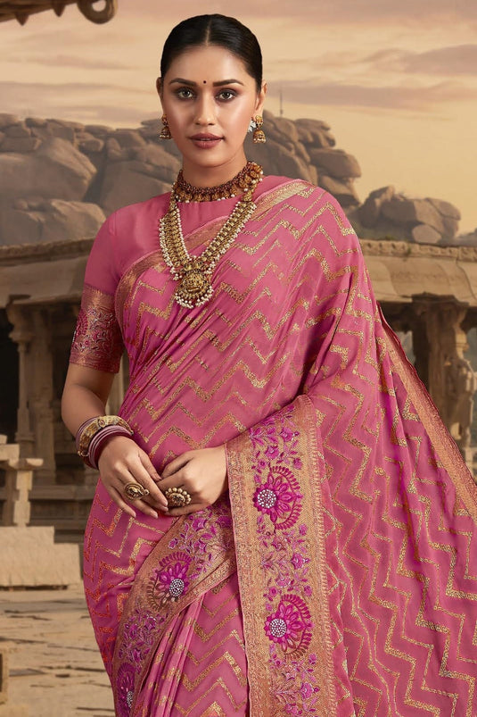 Tempting Chiffon Fabric Pink Color Saree With Border Work