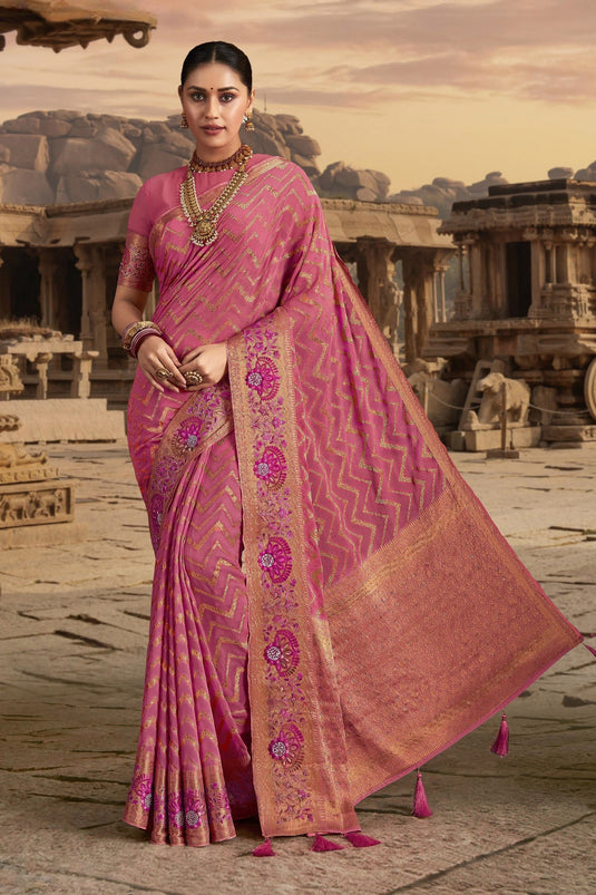 Tempting Chiffon Fabric Pink Color Saree With Border Work