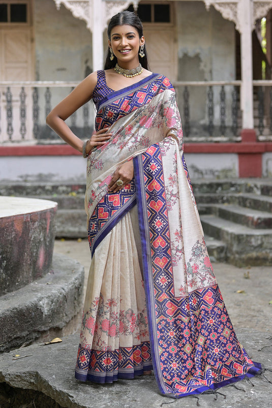 Attractive Blue Color Floral Printed Soft Tussar Silk Fabric Simple Saree