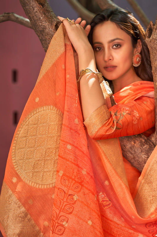 Orange Color Digital Printed Casual Pretty Suit In Chanderi Jacquard Fabric