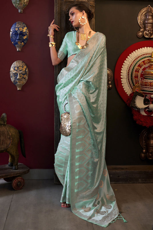 Engaging Sea Green Color Satin Silk Fabric Saree With Weaving Work