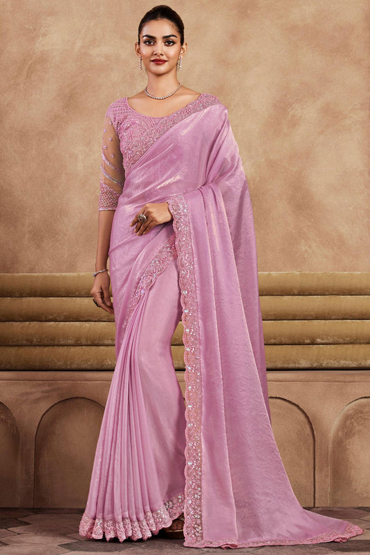 Border Work Attractive Party Style Art Silk Saree In Pink Color
