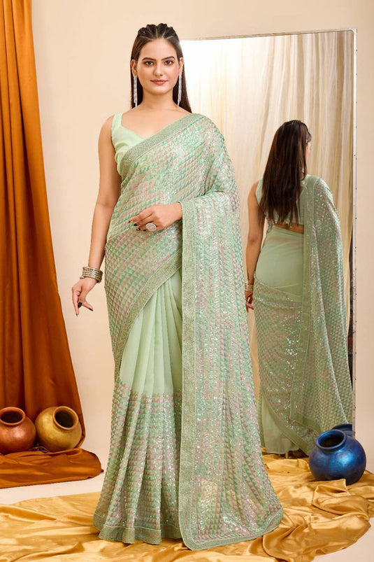 Trendy Sequins Work On Sea Green Color Saree In Georgette Fabric