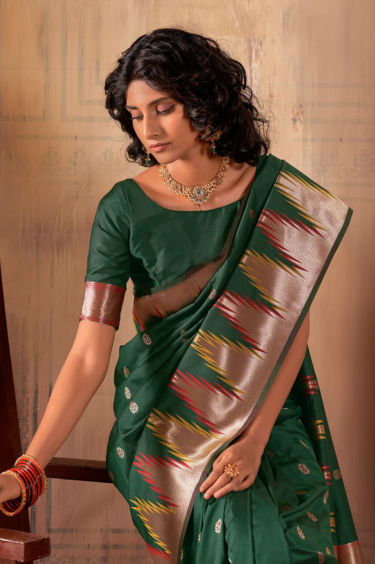 Festive Wear Banarasi Silk Fabric Green Color Trendy Saree
