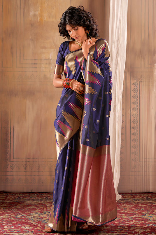 Banarasi Silk Fabric Festive Wear Mesmeric Saree In Navy Blue Color