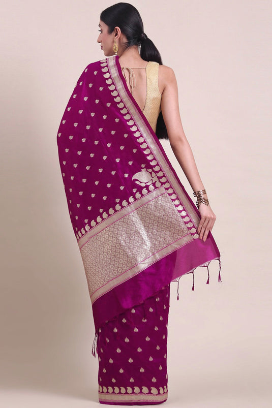 Magenta Color Glorious Banarsi Cotton Saree With Weaving Work