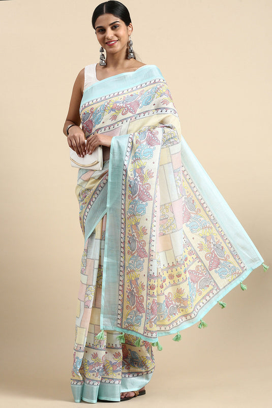 Multi Color Casual Wear Pleasant Printed Linen Saree