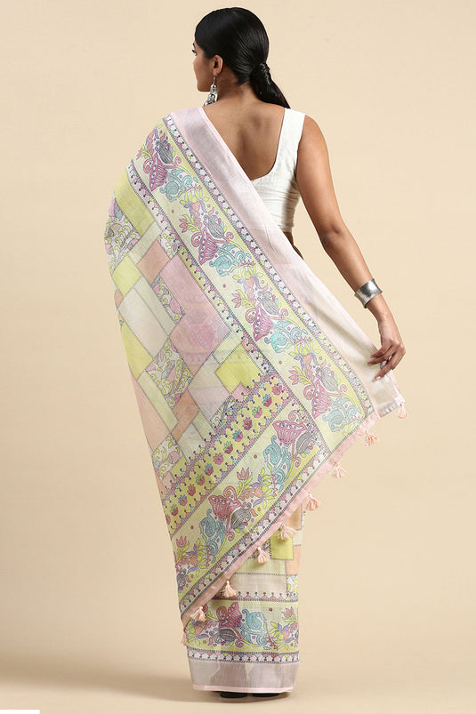 Casual Wear Imposing Printed Linen Saree In Multi Color