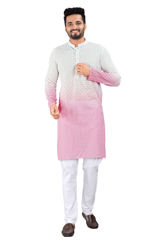 Function Wear White And Pink Color Readymade Glamorous Kurta Pyjama For Men In Fancy Fabric