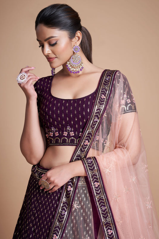 Purple Color Georgette Fabric Sequins Work Lehenga For Sangeet Wear