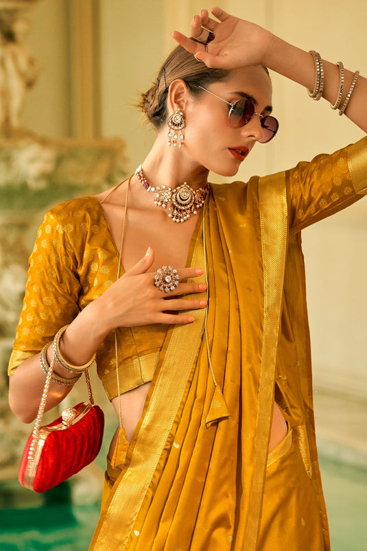 Blazing Mustard Color Weaving Work Function Wear Satin Silk Saree