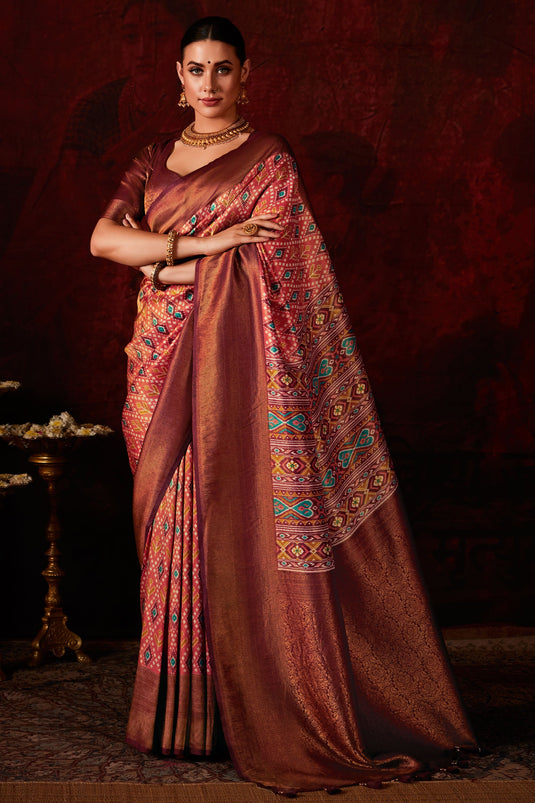 Alluring Rust Color Patola Style Printed Silk Saree