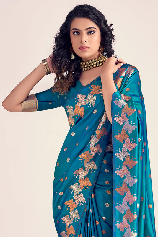 Ingenious Printed Teal Color Banarasi Style Silk Saree