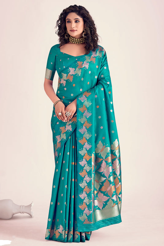 Fashionable Sea Green Color Printed Banarasi Style Silk Saree