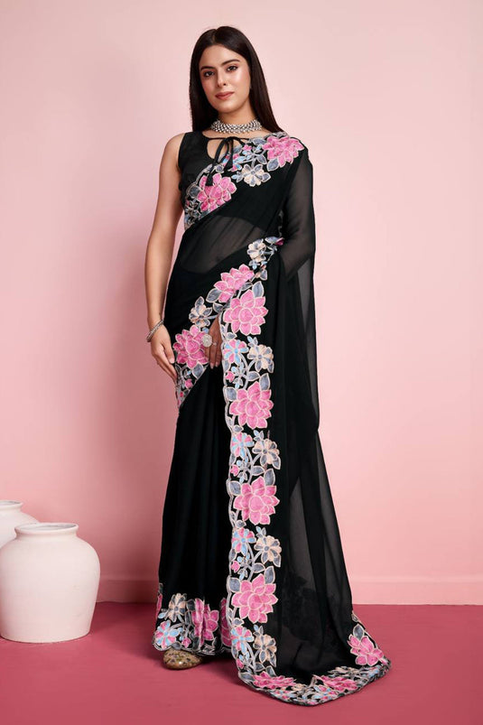 Embroidery Border Work Black Georgette Festive Wear Saree With Blouse