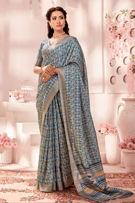 Light Cyan Color Fancy Fabric Coveted Handloom Printed Saree