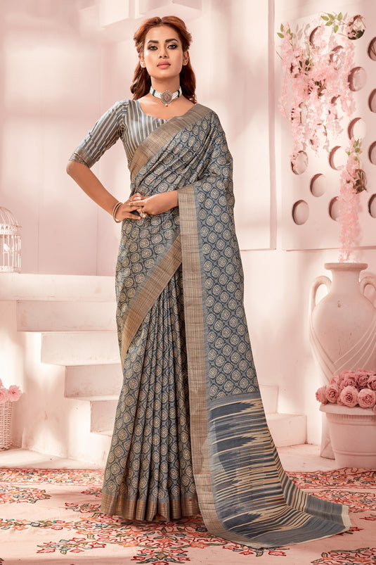 Fancy Fabric Grey Color Excellent Handloom Printed Saree