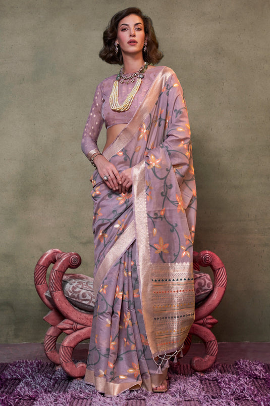 Lavender Color Printed Work Brilliant Festive Wear Cotton Saree