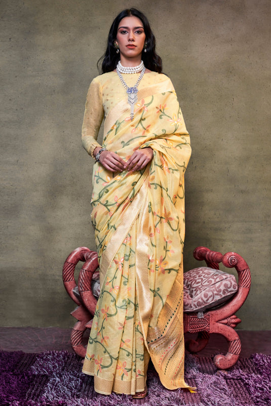 Printed Work Imposing Festive Wear Cotton Saree In Yellow Color