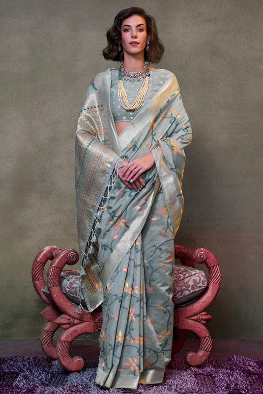Printed Work Soothing Festive Wear Cotton Saree In Grey Color
