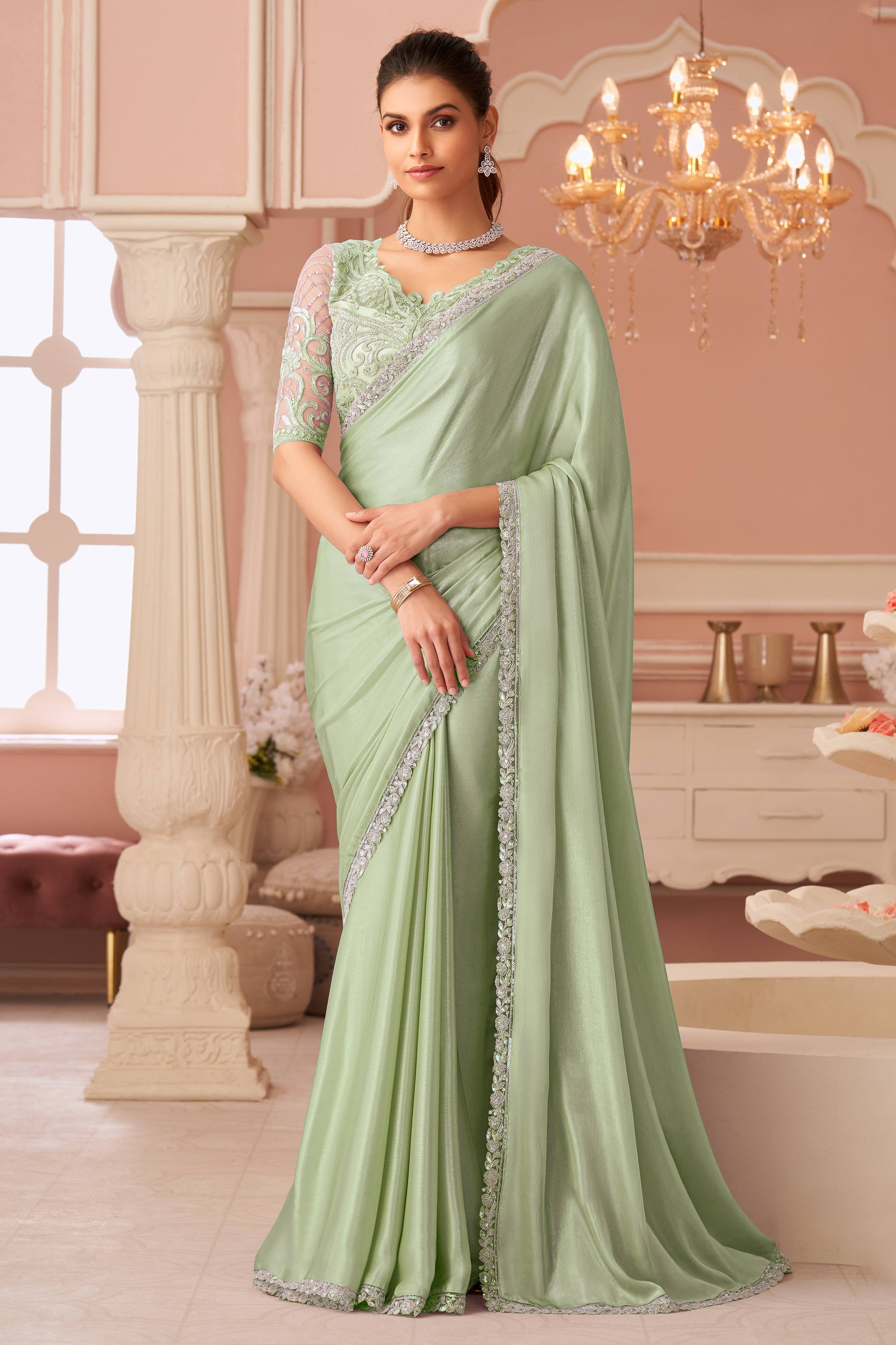 Ready To Wear Meesho Green Saree Lycra Saree Dress Sea Green Heavy Designer Sequence Silk Wedding/ Ready To Wear Meesho Green Saree Lycra Saree Dress Sea Green Heavy Designer Sequence Silk Wedding/