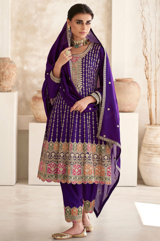 Chinon Fabric Purple Color Stylish Look Readymade Salwar Suit