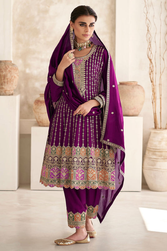 Chinon Fabric Wine Color Beatific Look Readymade Salwar Suit