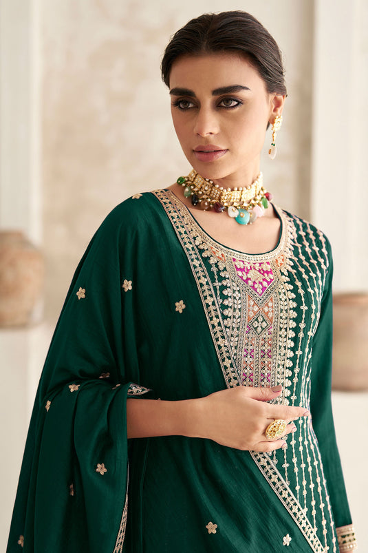 Fabulous Chinon Fabric Green Color Readymade Salwar Suit